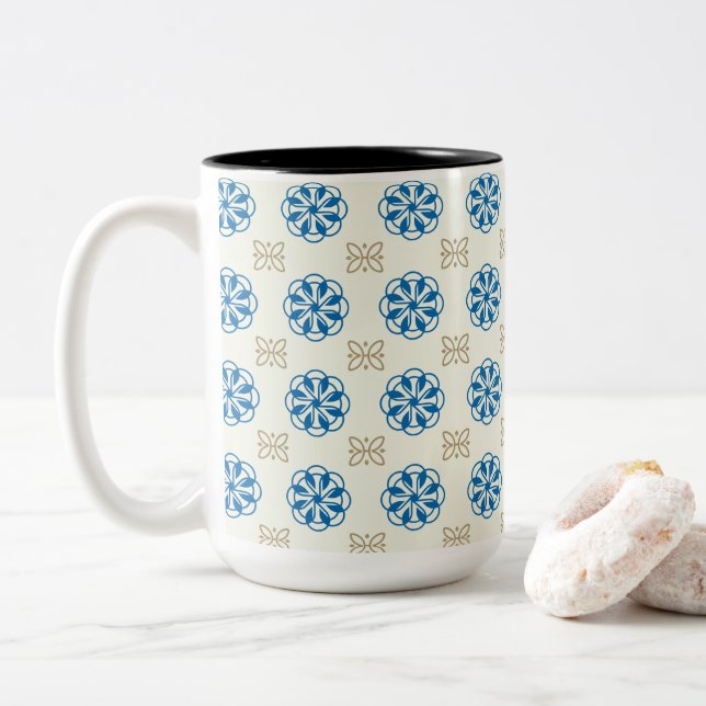 Caneca De Café Em Dois Tons Azul Cobalto Floral e Borboleta Dourada (Com Donut)