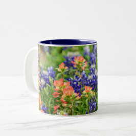 Caneca De Café Em Dois Tons Azul e vermelho Bluebonnets e paintbrushes flores