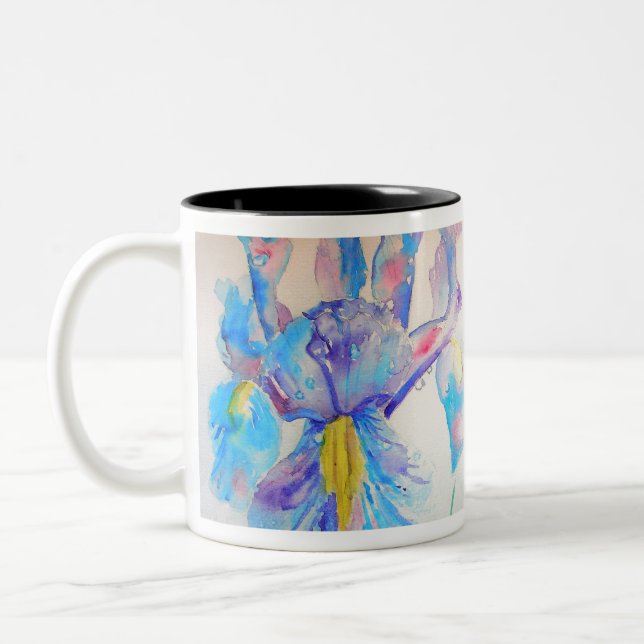 Caneca De Café Em Dois Tons Azul Iris Art floral Design de Aquarela (Esquerda)