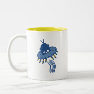 Caneca De Café Em Dois Tons Azul Kawaii Octopus UFO