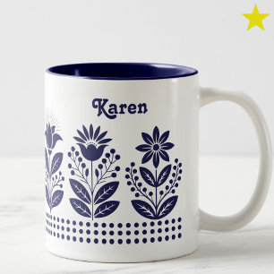 Caneca De Café Em Dois Tons Azul Marinho Minimalista Arte Folclórica Floral No