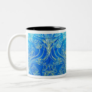 Caneca De Café Em Dois Tons Azul, nouveau da arte, floral, época do belle,
