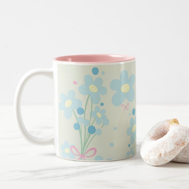 Caneca De Café Em Dois Tons Azul Suave e Harmonia Rosa (Com Donut)
