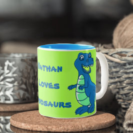 Caneca De Café Em Dois Tons Azul Verde | Personalizar nome | Dinossauro | Mug