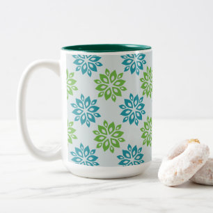 Caneca De Café Em Dois Tons Azul Vibrante e Floral Abstrato Verde