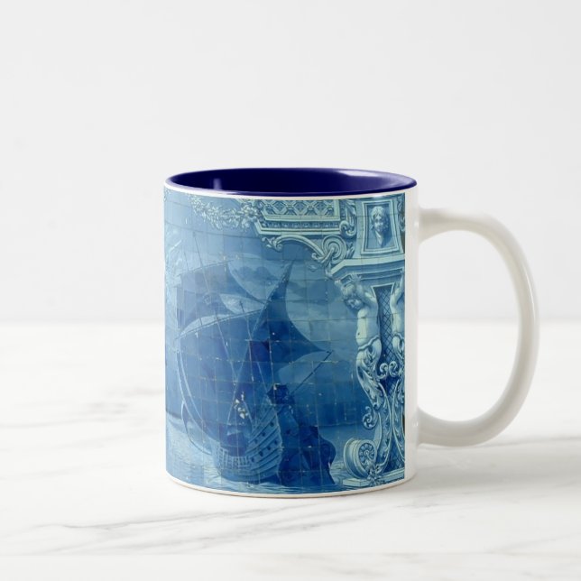 Caneca De Café Em Dois Tons Azulejo azul (Direita)