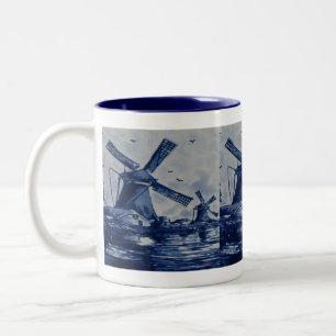 Caneca De Café Em Dois Tons Azulejo Azul Antecipado - Moinhos de vento pela Ág