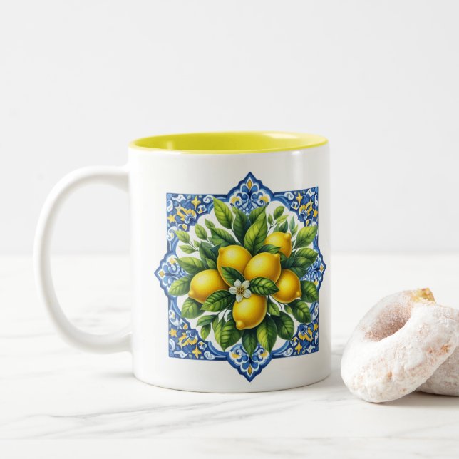 Caneca De Café Em Dois Tons Azulejo de Limão (Com Donut)