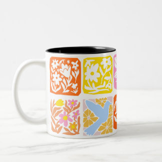 Caneca De Café Em Dois Tons Azulejo Inverso Colorido Folk Botânica Whimsical