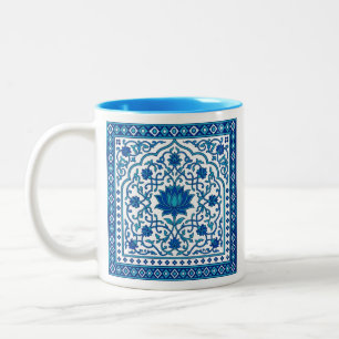 Caneca De Café Em Dois Tons Azulejo Mandala de Lótus Azul