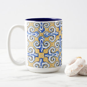 Caneca De Café Em Dois Tons Azulejos Espanhóis - Azulejo Azul, Amarelo e Branc