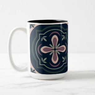 Caneca De Café Em Dois Tons Azulejos Geométricos Florais Terrosos