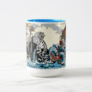Caneca De Café Em Dois Tons Azure Dragon e White Tiger. Ilustração
