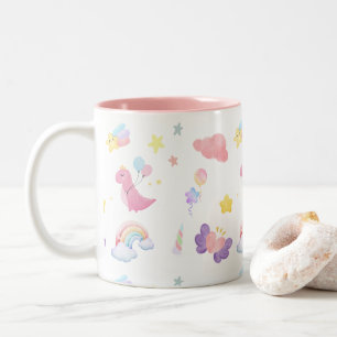 Caneca De Café Em Dois Tons Balão-arco-íris de dinossauro, rosa-doce, bonito