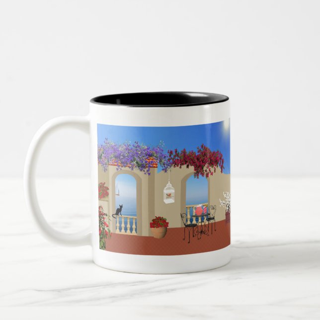 Caneca De Café Em Dois Tons Balcony Outside Flowers Table Tranquility Seaside. (Esquerda)