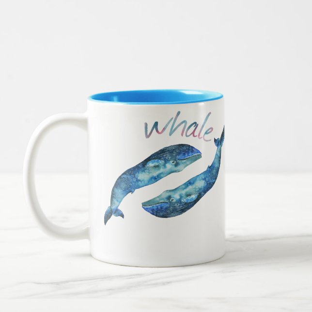 Caneca De Café Em Dois Tons Baleia azul da aguarela (Esquerda)
