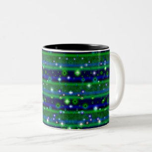 Caneca De Café Em Dois Tons Bandas verdes azuis com estrelas e gotas de chuva