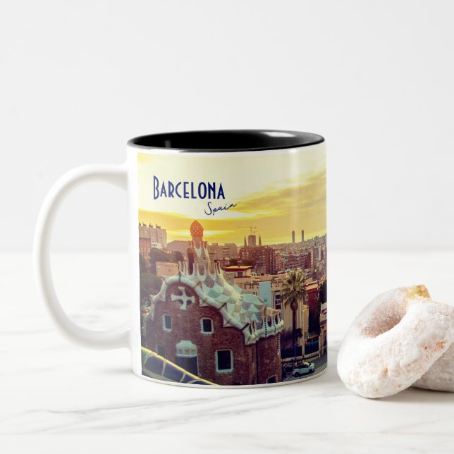 Caneca De Café Em Dois Tons Barcelona, Espanha - Park Guell (Com Donut)