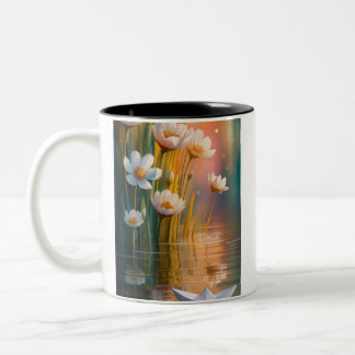 Caneca De Café Em Dois Tons Barco de Papel Sonhador e Flores Brancas ao Pôr do