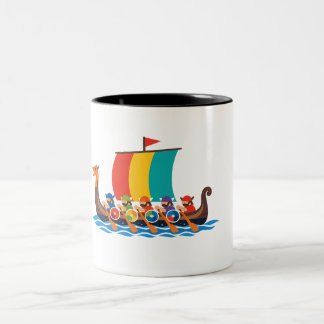 Caneca De Café Em Dois Tons Barco Viking Colorido Minimalista Remando no Azul