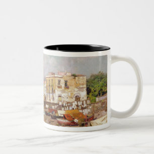 Caneca De Café Em Dois Tons Barcos de pesca na praia em Marinella, Nápoles (o