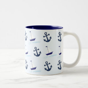 Caneca De Café Em Dois Tons Barcos de vela e âncoras - Padrão Azul