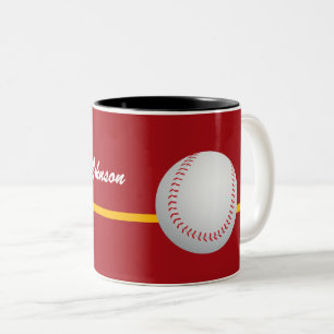 Caneca De Café Em Dois Tons Basebol em fundo vermelho colorido personalizar