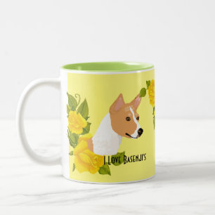 Caneca De Café Em Dois Tons Basenji e rosas amarelos