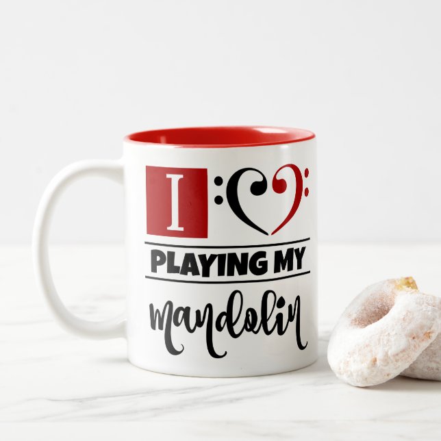 Caneca De Café Em Dois Tons Bass Clef Heart I Love Tocando Meu Mandolin (Com Donut)