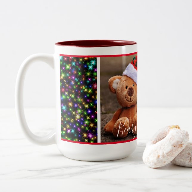 Caneca De Café Em Dois Tons Beary Christmas (preto com luzes de natal) (Com Donut)