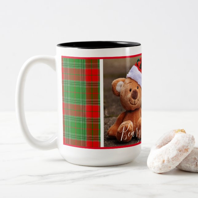 Caneca De Café Em Dois Tons Beary Christmas (xadrez verde e vermelha) (Com Donut)