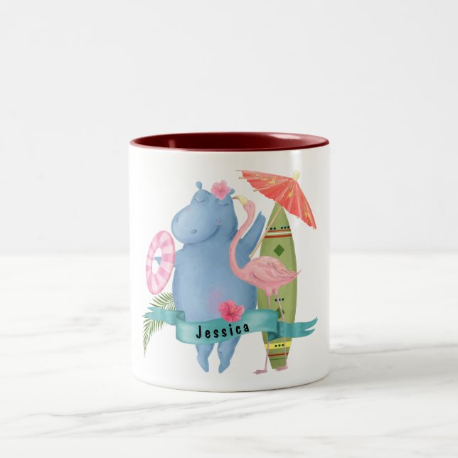 Caneca De Café Em Dois Tons Bebê Bonito Hippo com Nome Personalizado Flamingo (Centro)