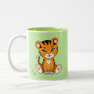 Caneca De Café Em Dois Tons Bebê Fofo Tigre Animal Cartoon & Monograma em Verd