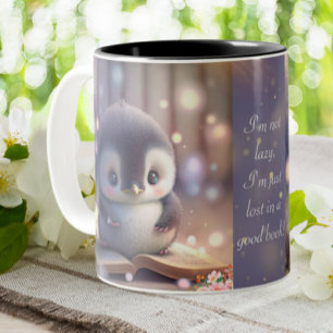 Caneca De Café Em Dois Tons Bebê Pinguim Fofo Lendo Livro Citação Divertida Pe