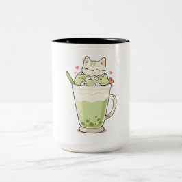Caneca De Café Em Dois Tons Bebida de Boba de Matcha de Gato Fofo Design Kawai