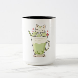 Caneca De Café Em Dois Tons Bebida de Boba de Matcha de Gato Fofo Design Kawai