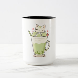 Caneca De Café Em Dois Tons Bebida de Boba de Matcha de Gato Fofo Design Kawai