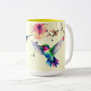 Caneca De Café Em Dois Tons Beija-flores de Maio na Primavera em Aquarela