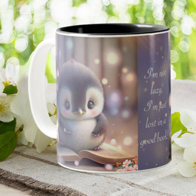 Caneca De Café Em Dois Tons Bela Bebê Pinguim Lendo Livro Engraçado Cotação Pe (Criador carregado)