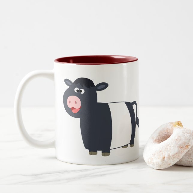 Caneca De Café Em Dois Tons Bela e Feliz Cartoon Abaixo da Vaca Galloway (Com Donut)