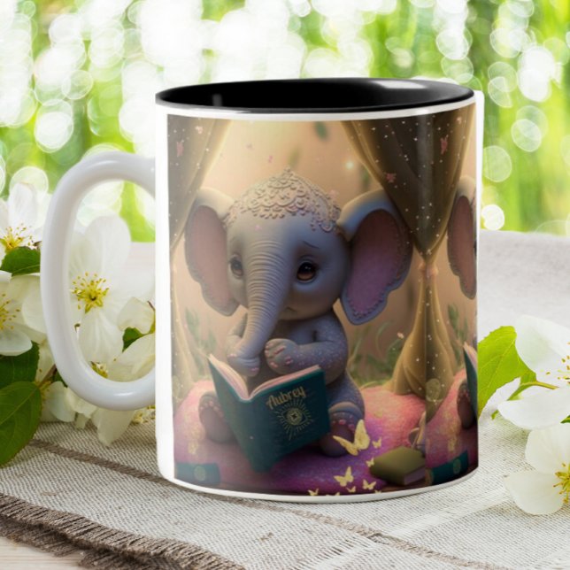Caneca De Café Em Dois Tons Bela Elefante Lendo livro Personalizado (Criador carregado)