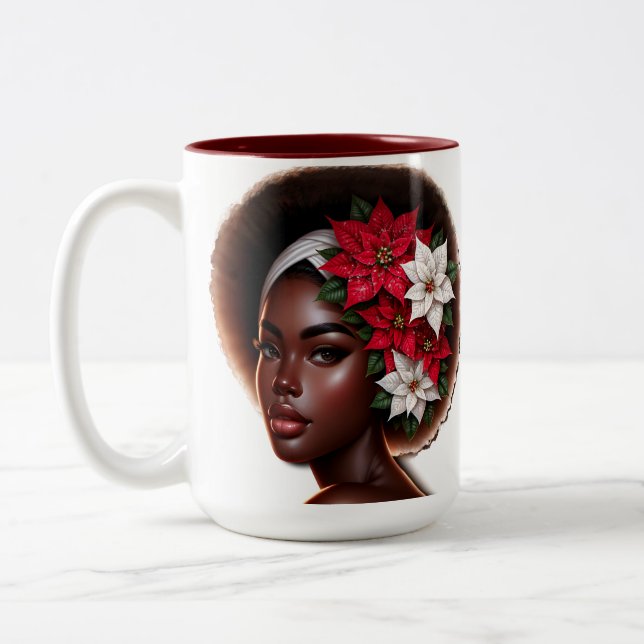 Caneca De Café Em Dois Tons Beleza Afro-Americana com Poinsettias no Natal (Esquerda)