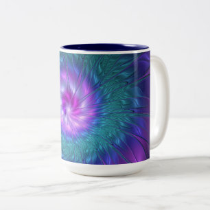 Caneca De Café Em Dois Tons Beleza Floral Abstrata Arte Fractal Colorida Flor