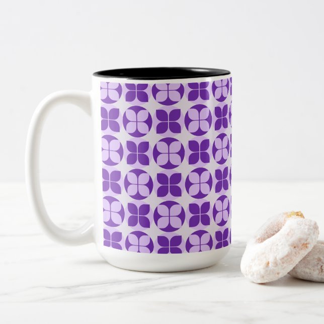 Caneca De Café Em Dois Tons Beleza Geométrica Floral (Com Donut)