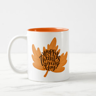 Caneca De Café Em Dois Tons Belo Feliz Dia de Ação de Graças em Folha de Fo