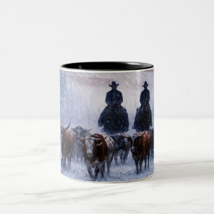 Caneca De Café Em Dois Tons Belo País Western Cowboys Inverno Gado