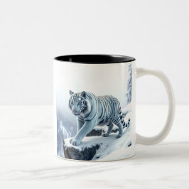 Caneca De Café Em Dois Tons Belo Tigre Branco Em Falésias Cobertas De Neve