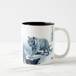 Caneca De Café Em Dois Tons Belo Tigre Branco Em Falésias Cobertas De Neve