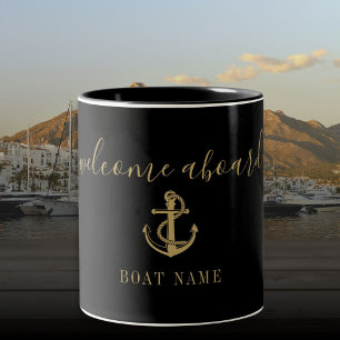 Caneca De Café Em Dois Tons Bem-vindo a bordo do barco Âncora Preta e Dourada