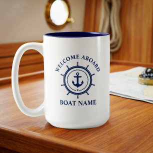 Caneca De Café Em Dois Tons Bem-vindo a Bordo Nome do Barco Âncora Corda Leme
